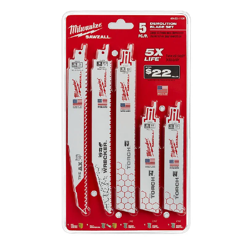 Saw Blades for Perfect Finish Cuts in Wood-Milwaukee 49-22-1105 5 Piece Demolition Sawzall Blade Set, 6" / 9"