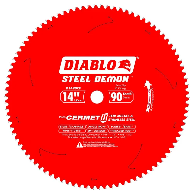 Saw Blades for Heavy Duty Wood Cutting-Diablo D1490CF 14" x 90TCG Steel Demon Thin Metal Cutting Blade 1" Arbor