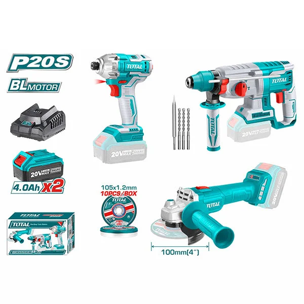 Angle Grinder for Cutting and Grinding Tiles-Total Lithium-ion cordless 3 pcs combo kit 20V Brushless TOSLI2301510