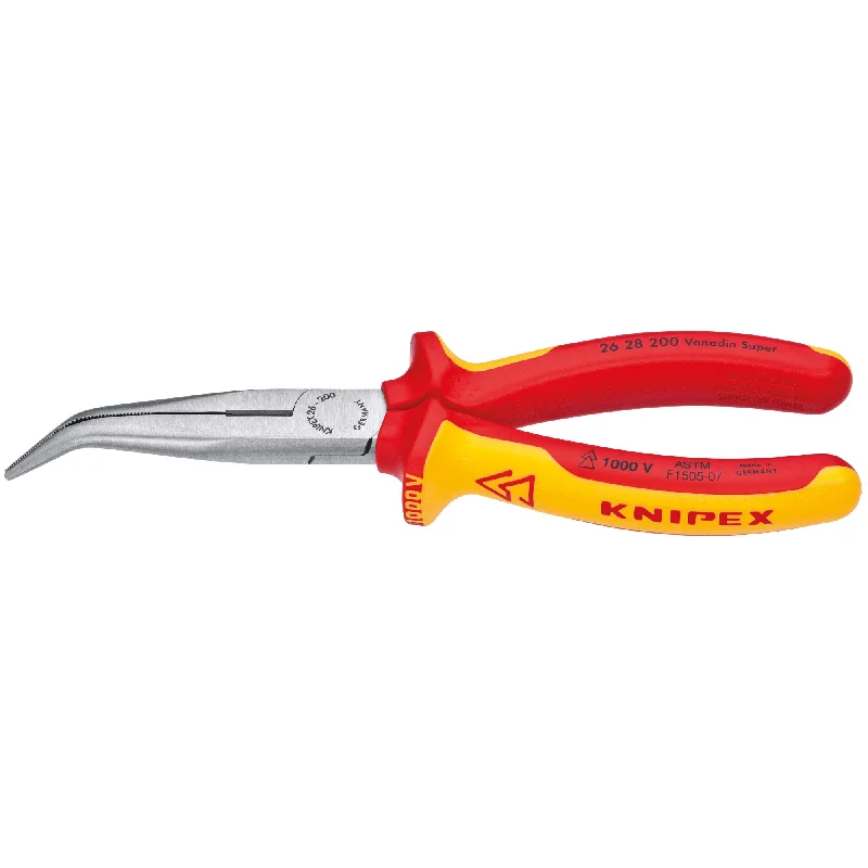 Pliers for Electrical Box Installation-Knipex 26 28 200 SBA 8" Long Nose 40° Angled Pliers with Cutter-1000V Insulated