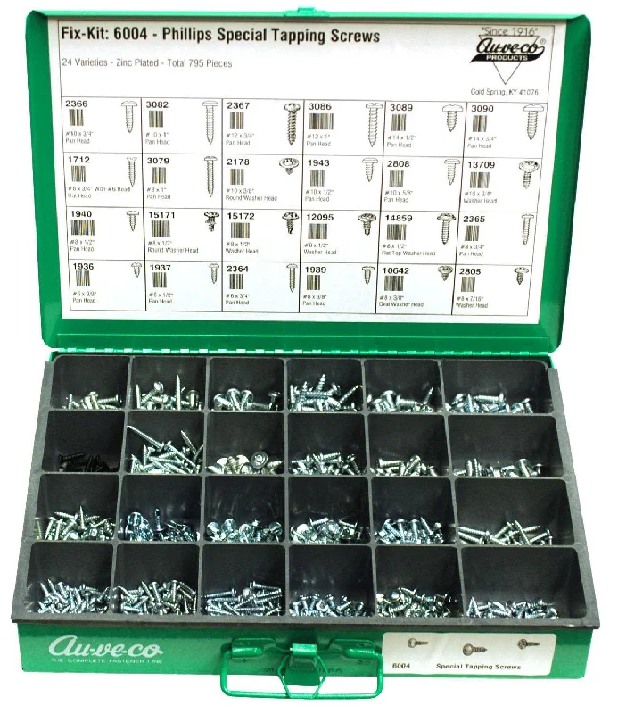 Screws for Modular Building Systems-Auveco # 6004 Phillips Flat Round Specialty Head Tapping Screw Assortment. Qty 1.