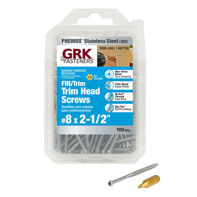 Screws for Industrial Equipment-GRK Fasteners No. 8  x 2-1/2 in. L Star Trim Head Stainless Steel Construction Screws 100 pk