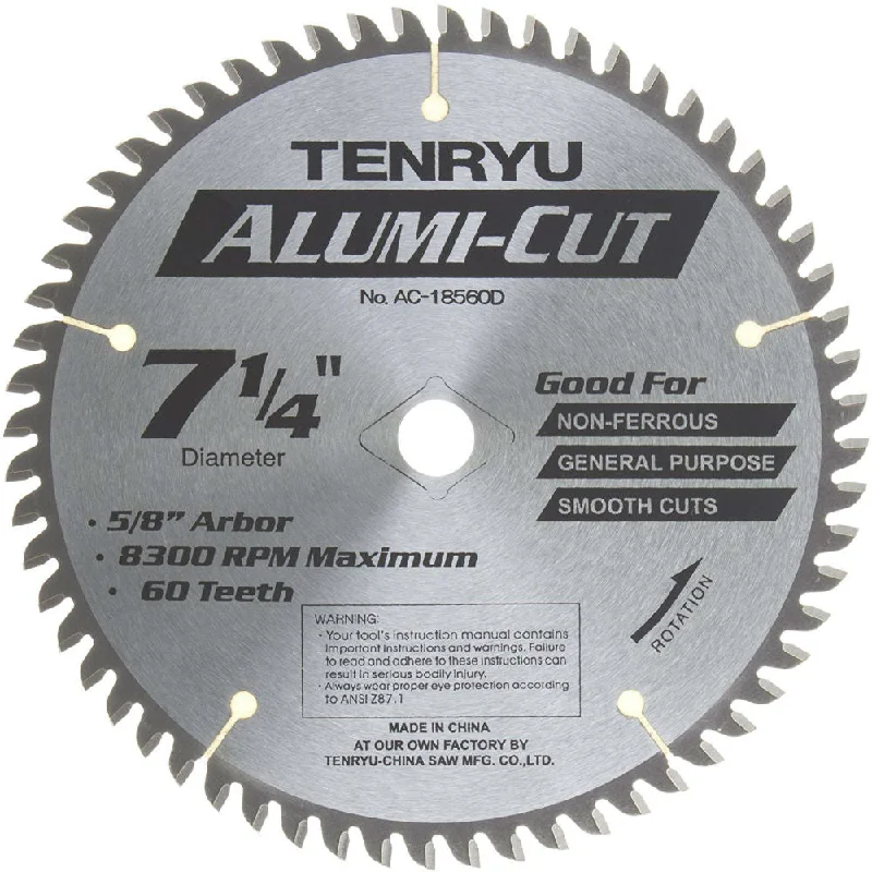 Fine Tooth Saw Blades for Clean Cuts-Tenryu AC-18560D 7-1/4" x 60T x 5/8" KO Arbor Alumi-Cut Blade