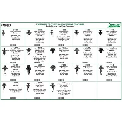 Screws for Joining Thin Metal Sheets-Auveco # 6709EPA Push-Type / Screw-Type Retainer Assortment. Qty 1.