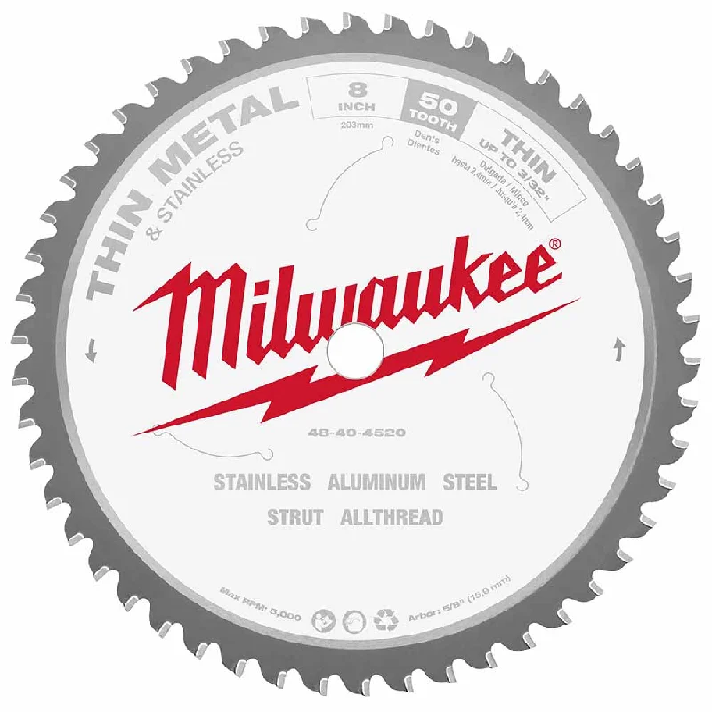 Saw Blades for Fast Metal Cutting-Milwaukee 48-40-4520 8" 50T Ferrous Metal Cermet Tip Circular Saw Blade, Thin Metals, 5/8" Arbor