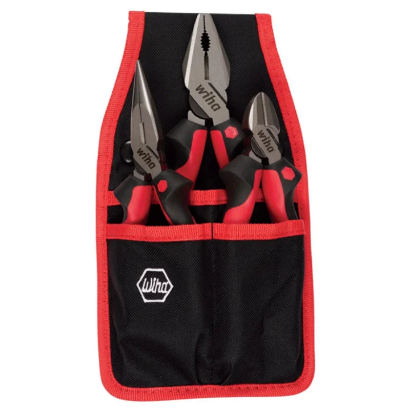 Pliers with Adjustable Jaws for Flexibility-Wiha Tools 30993 Industrial SoftGrip Pliers and Cutters Set 3 Piece with Belt Pouch