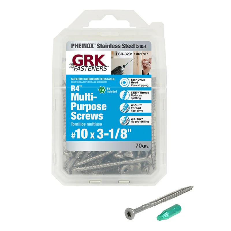 Screws for Installing Light Fixtures-GRK Fasteners R4 No. 10  x 3-1/8 in. L Star Flat Head Stainless Steel Multi-Purpose Screw 70 pk