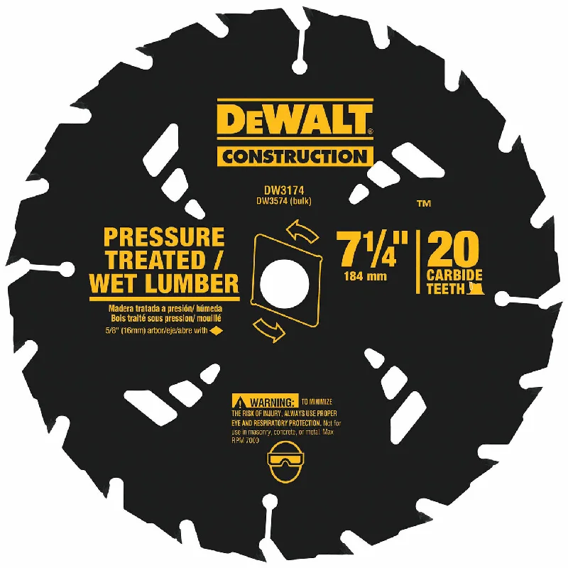 Saw Blades for Heavy Duty Wood Cutting-DeWalt DW3174 7-1/4" 20T Carbide Pressure Treated/Wet Lumber Circular Saw Blade